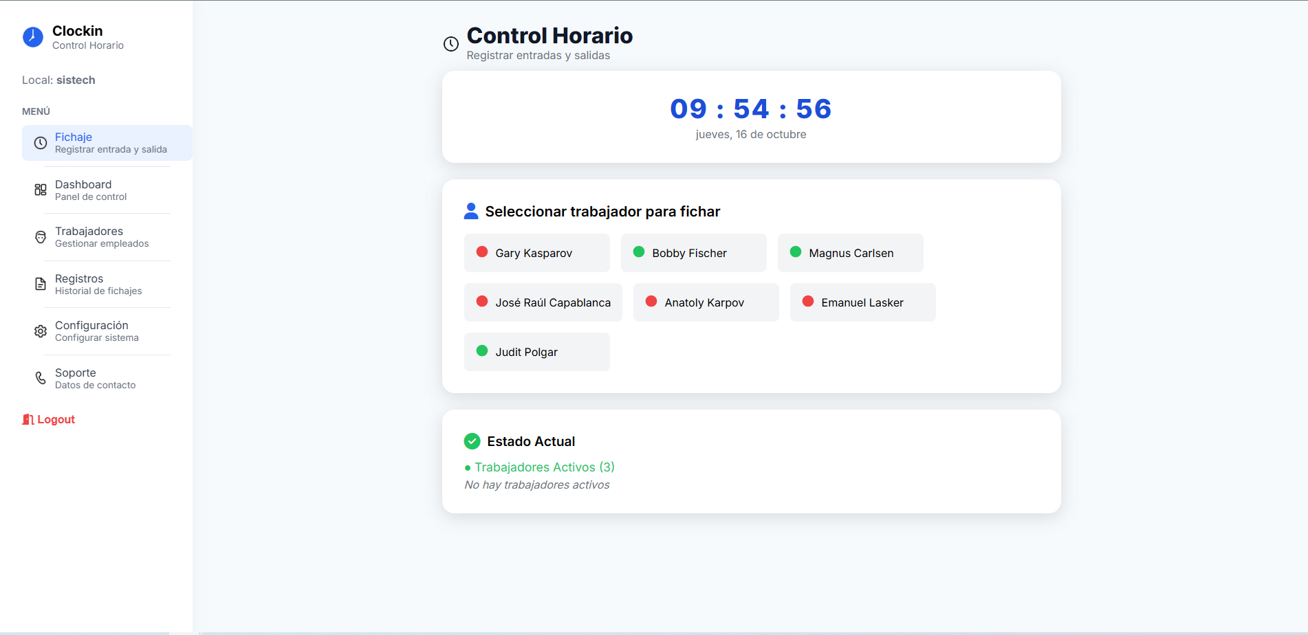 Clockin - Interfaz Principal